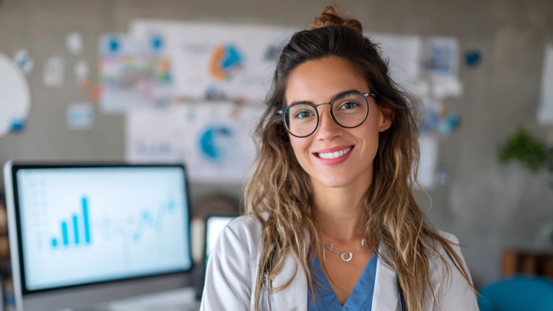 Nurse practitioner analyzing revenue reports in a modern medical aesthetics office.