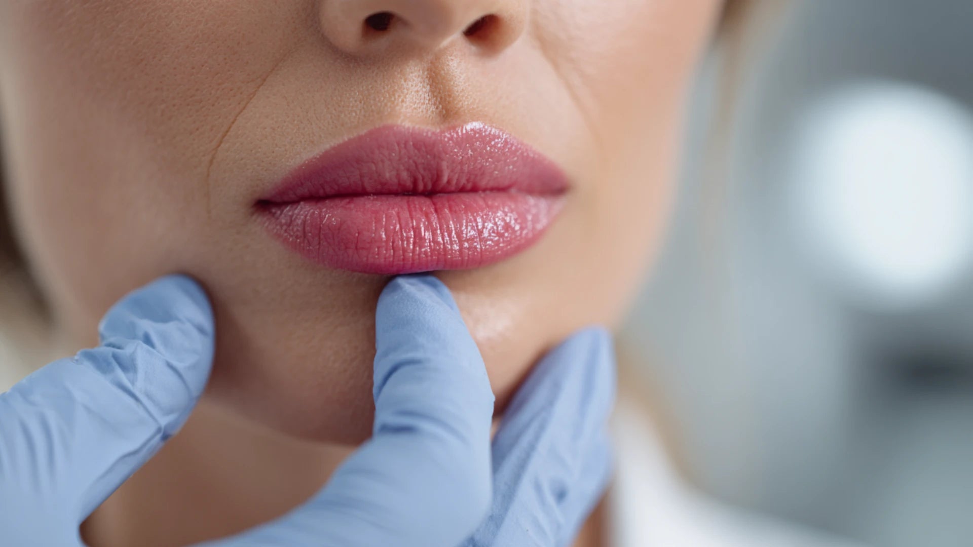Medical professional evaluating allergic lip filler reaction in clinic.