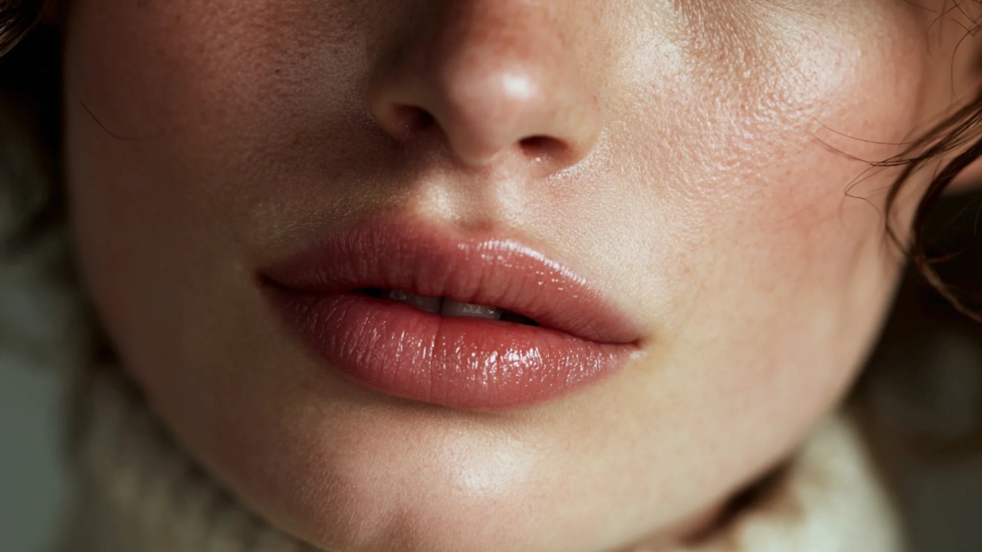 Close-up of woman with naturally enhanced angelic lip filler result.