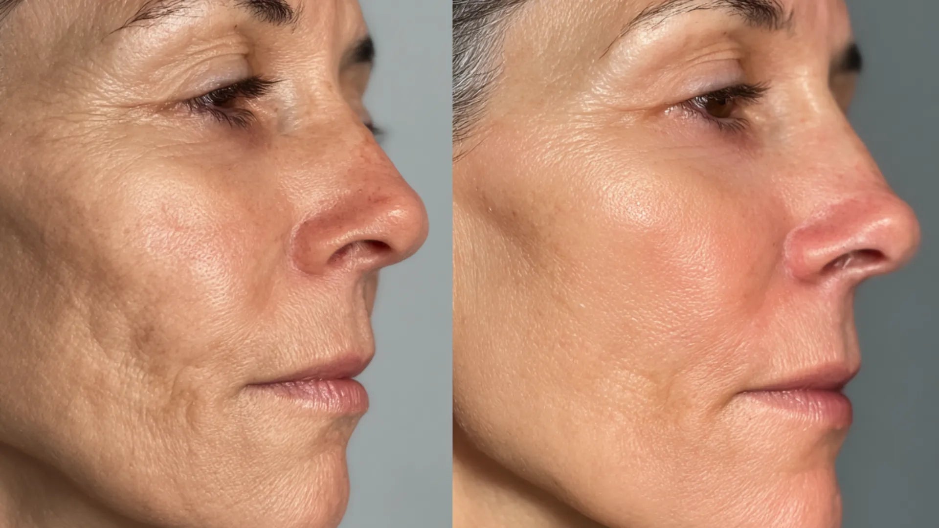 Visual comparison of face and neck tightening results after non-surgical treatment.