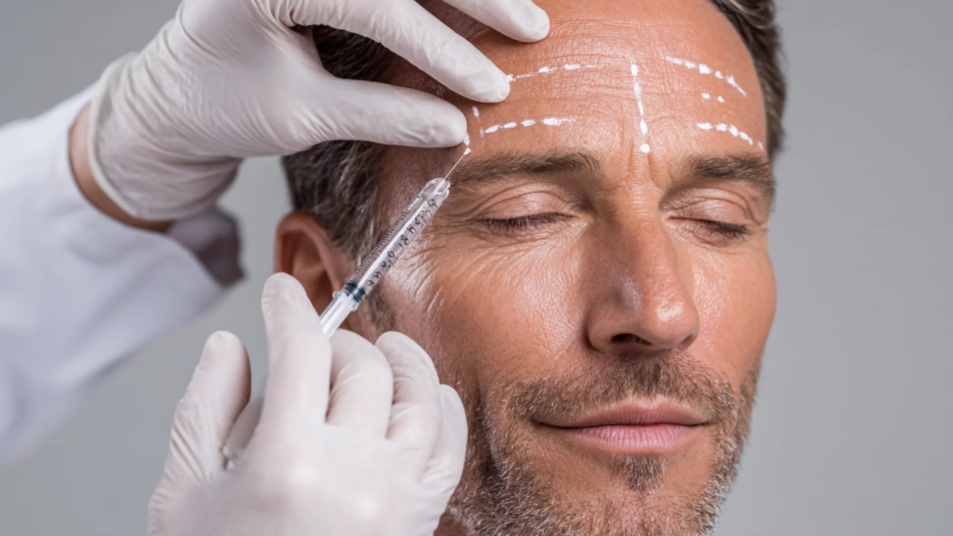 Aesthetic injector administering Botox to male patient’s forehead for wrinkle reduction.