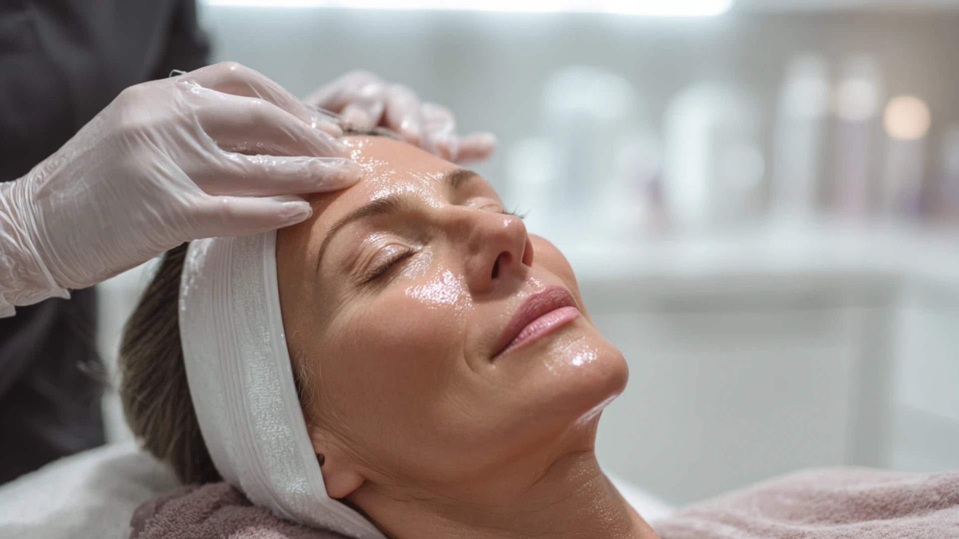 Medical aesthetician applying Botox-like peptide serum for wrinkle reduction.