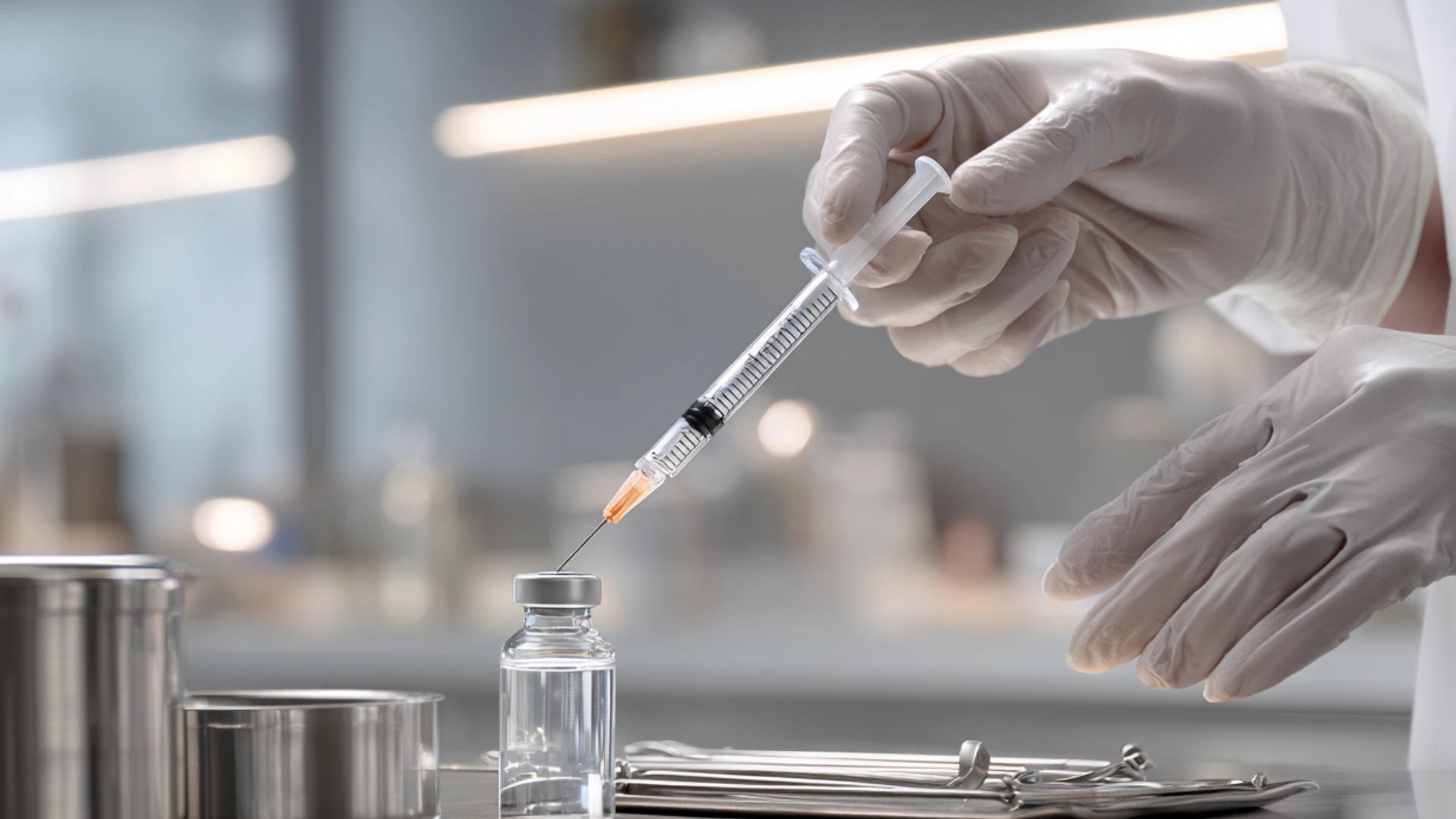 Medical clinician drawing peptide solution into syringe for subcutaneous injection.