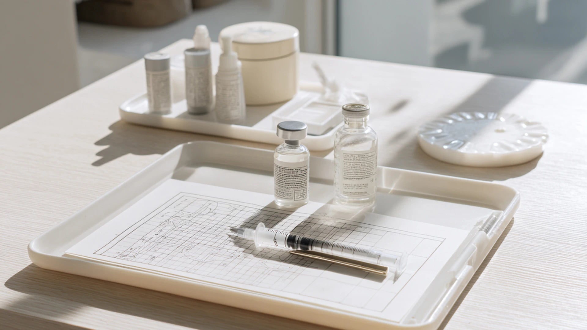 A sterile tray with syringe, fine needles, and a cheek grid diagram for skin-booster injections.
