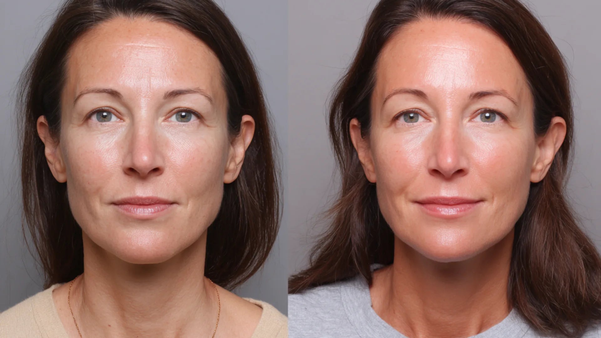 Before and after comparison showing facial hollowing and restored volume after treatment.
