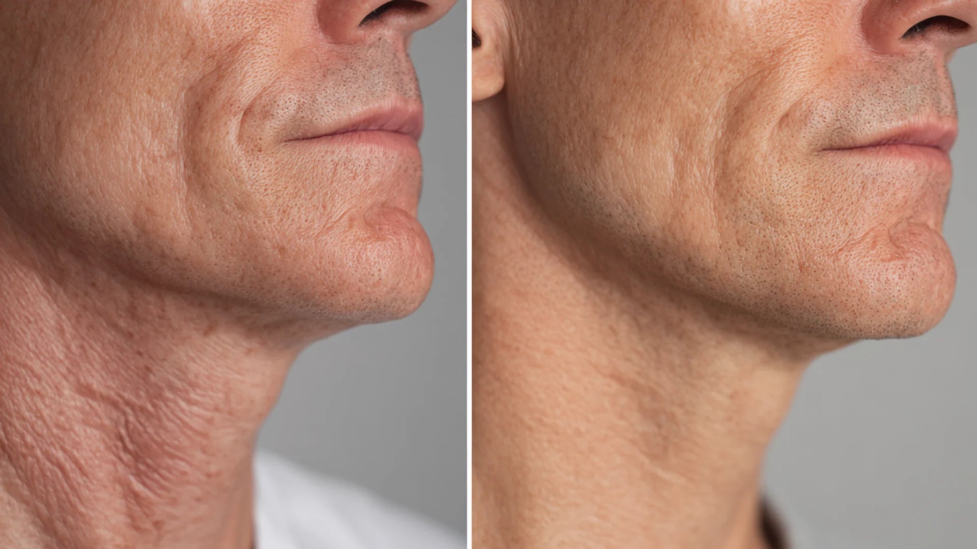 Neck before and after showing tighter, smoother contour after combination treatment.