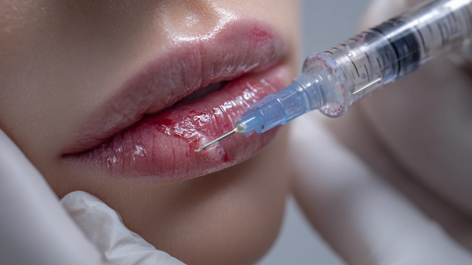 Clinician injecting hyaluronidase into lip area to reverse occlusion.