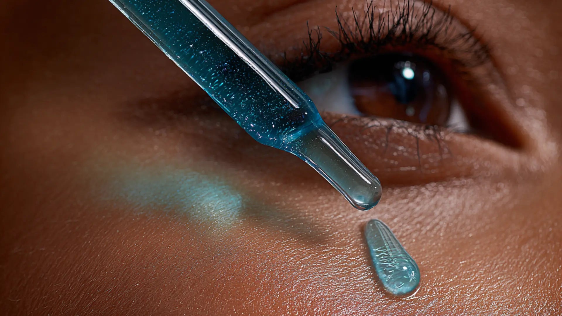 Close-up of metallic-blue copper peptide serum on skin surface.