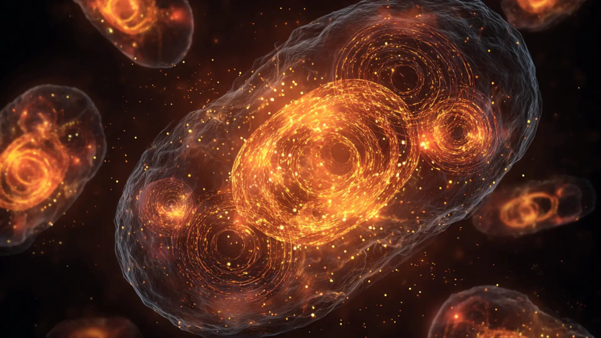 Artistic depiction of mitochondria generating enhanced cellular energy from MOTS-c activation.