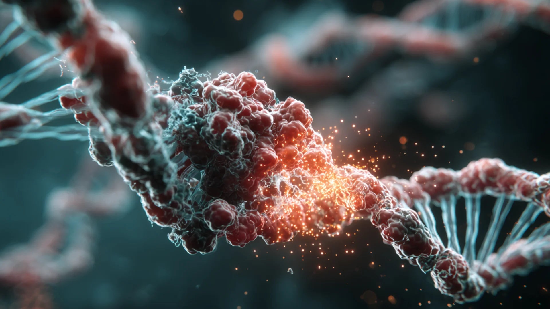 Visualization showing progerin deforming the nuclear membrane and damaging DNA.